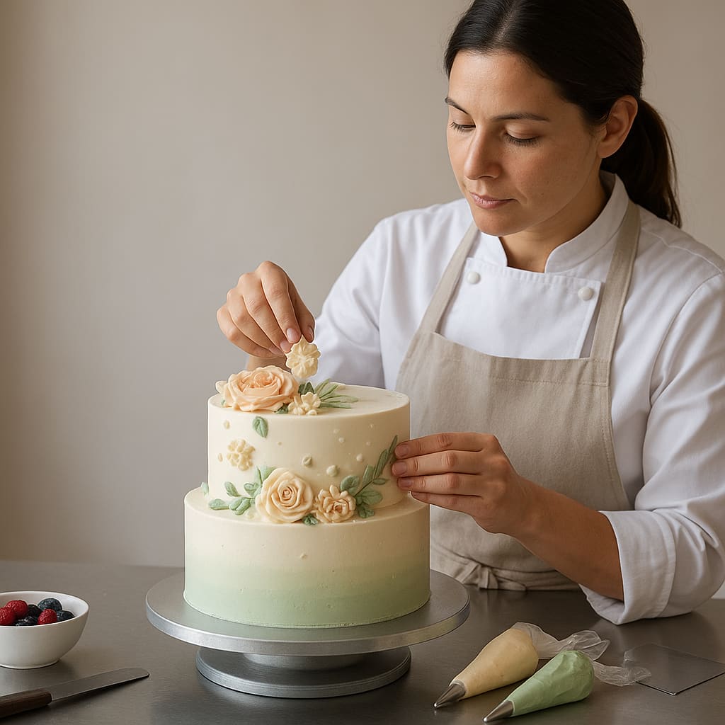 Konditorin dekoriert eine Torte im hellen Atelier